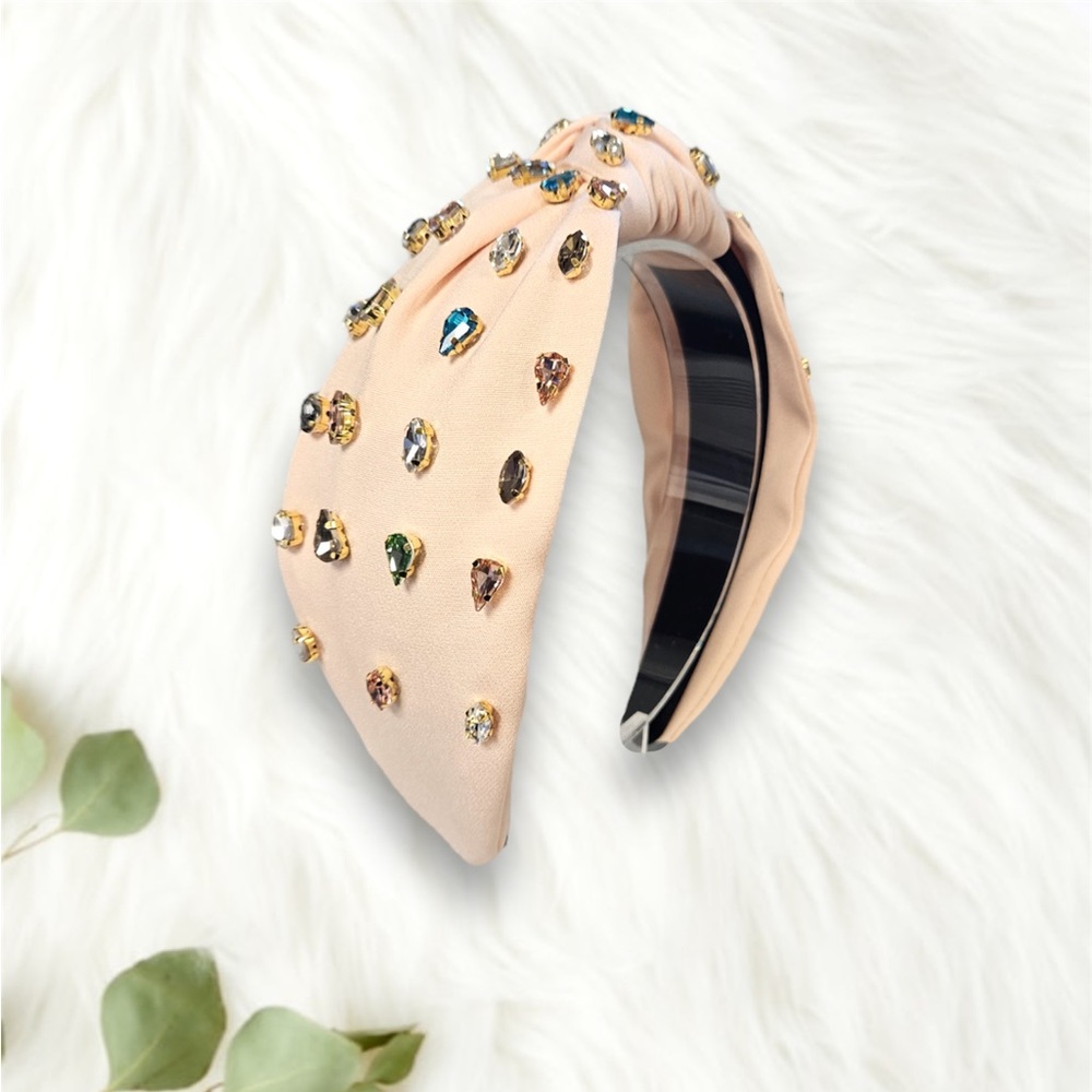 077 - Beige Fabric Rhinestone Knotted Fashion Hairband